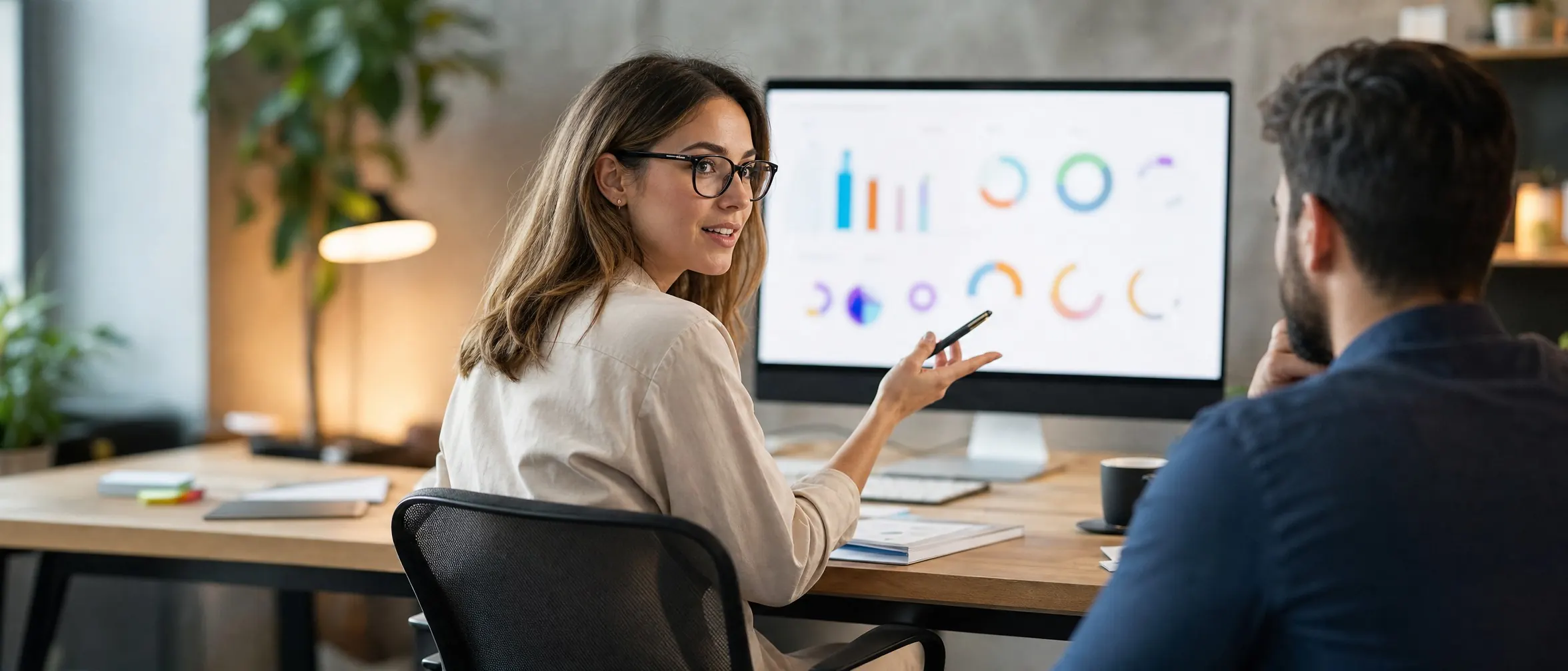Marketer reviewing chart data on a monitor with a colleague