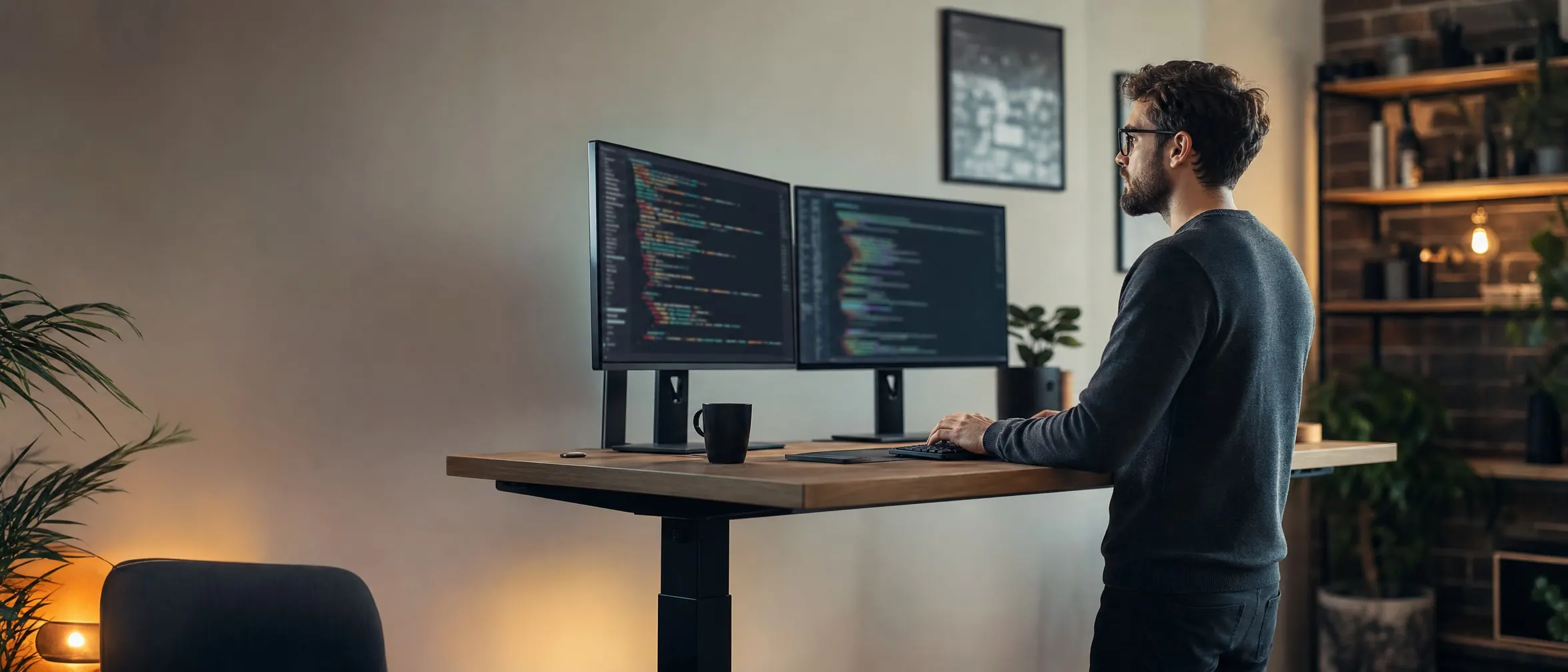 Developer working at a standing desk with dual monitors showing code