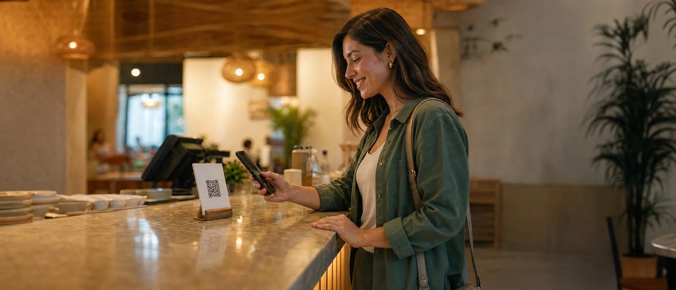 Customer scanning a QR code stand at a restaurant counter