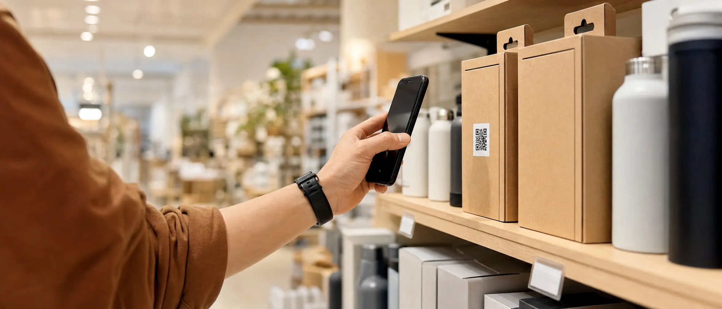Customer scanning a QR code sticker on retail packaging