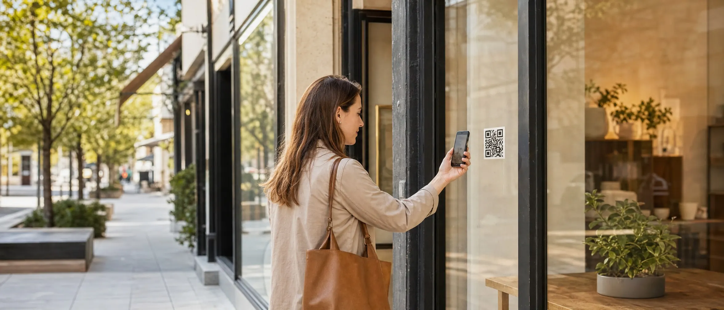 Customer scanning a window sticker QR code outside a storefront
