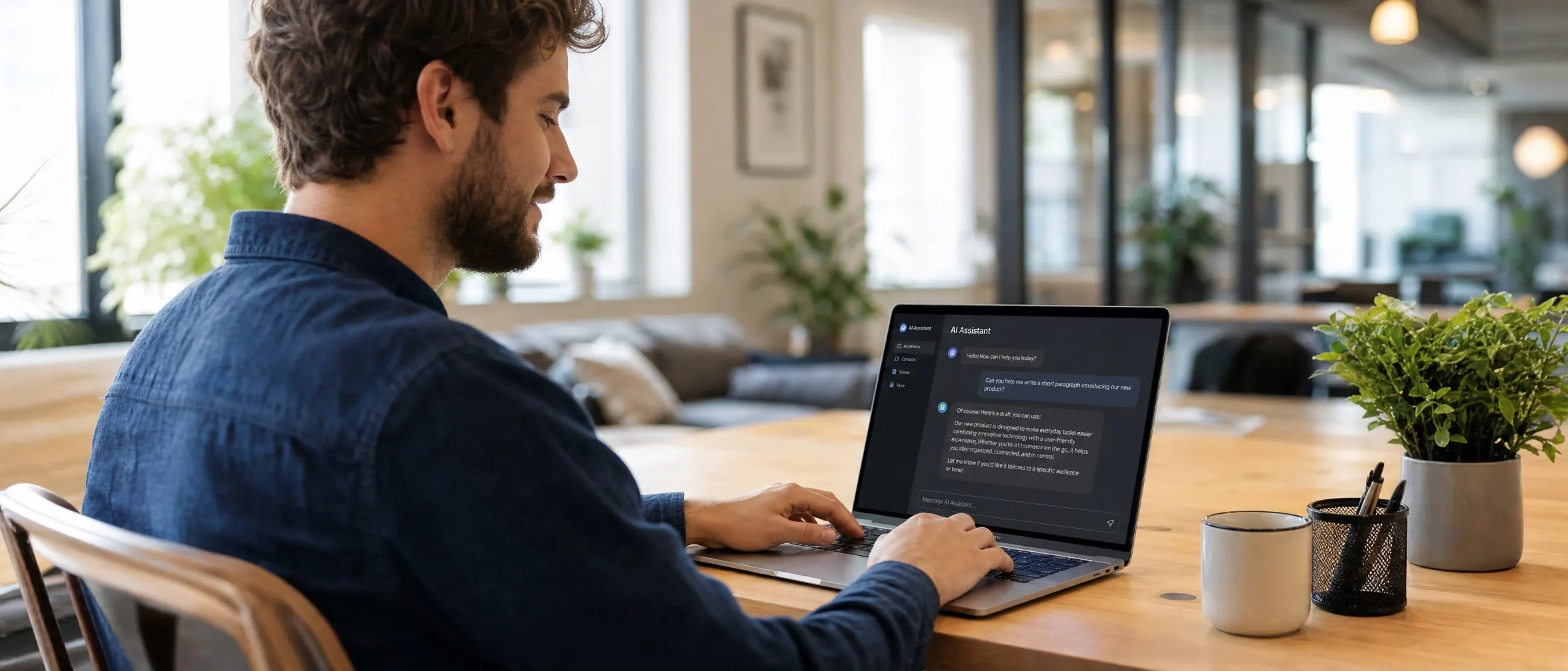 Person at a laptop typing into an AI assistant chat window