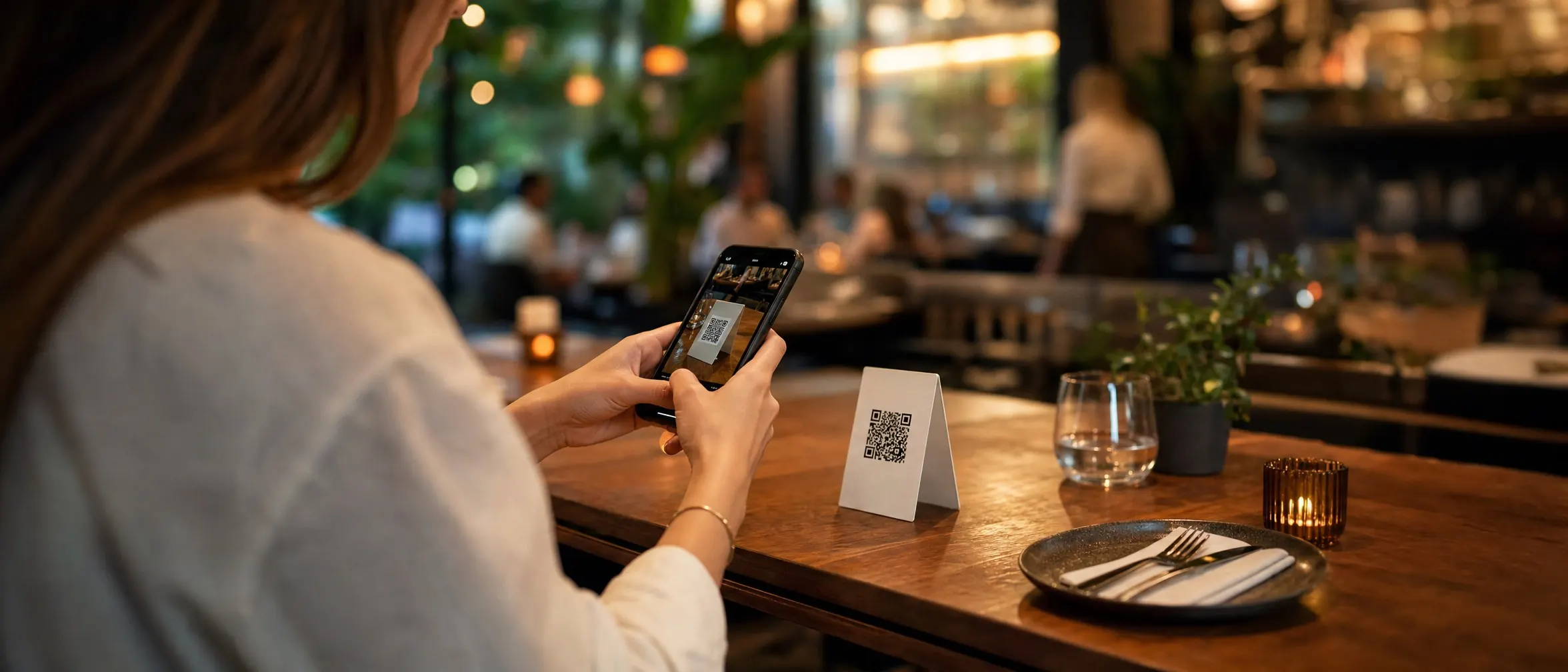 Customer at a restaurant table scanning a QR tent card with their phone