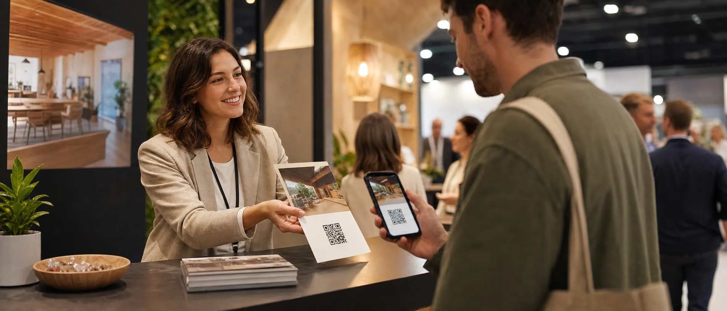 Salesperson handing a printed brochure to a customer who scans its QR code