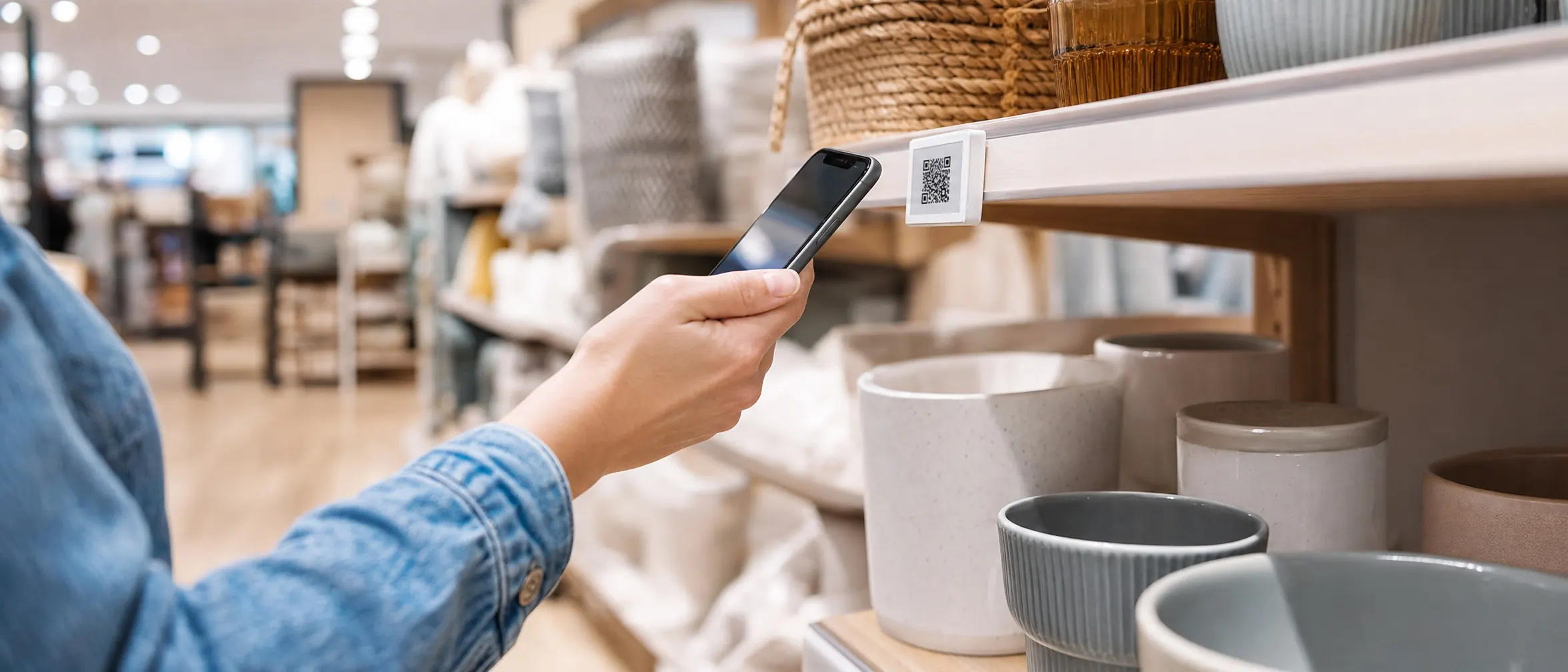 Shopper's hand scanning a QR shelf tag on a retail store shelf