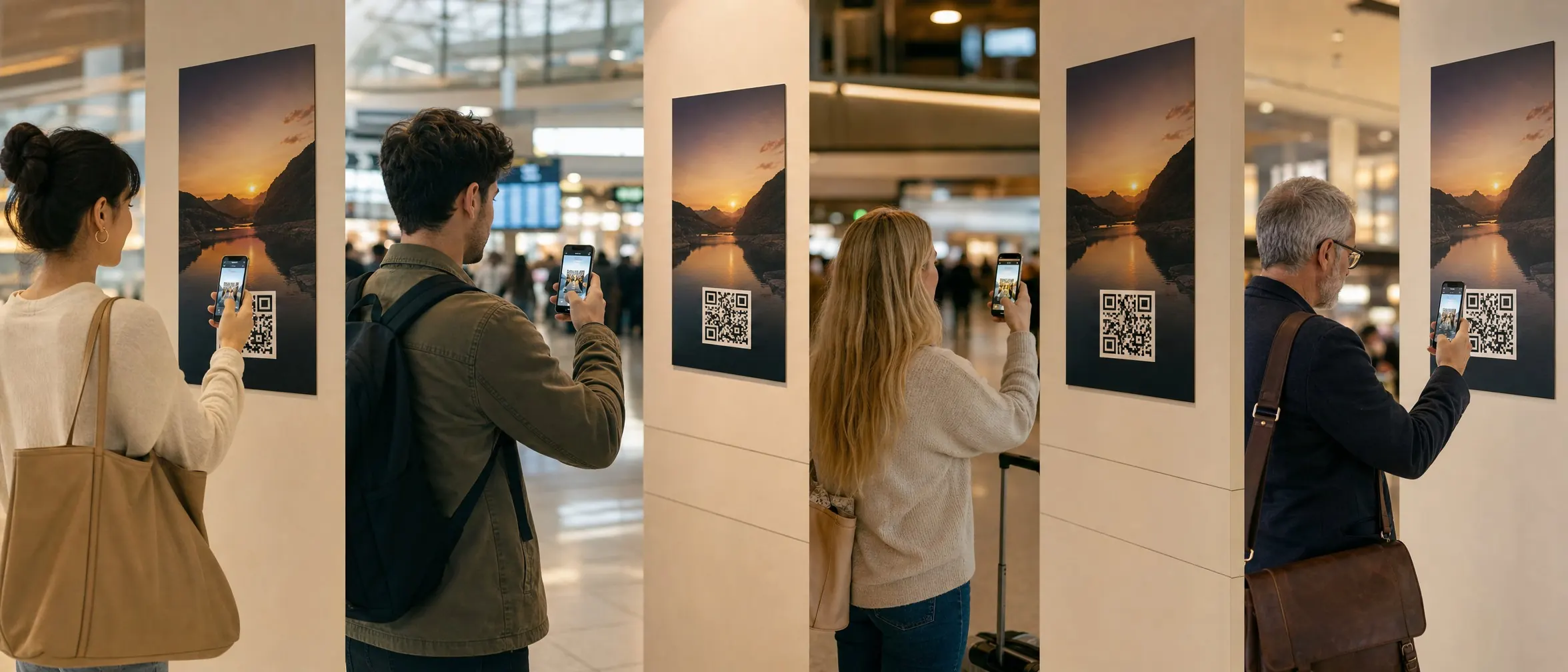 Several people in a public space each scanning the same poster QR code on their own phones