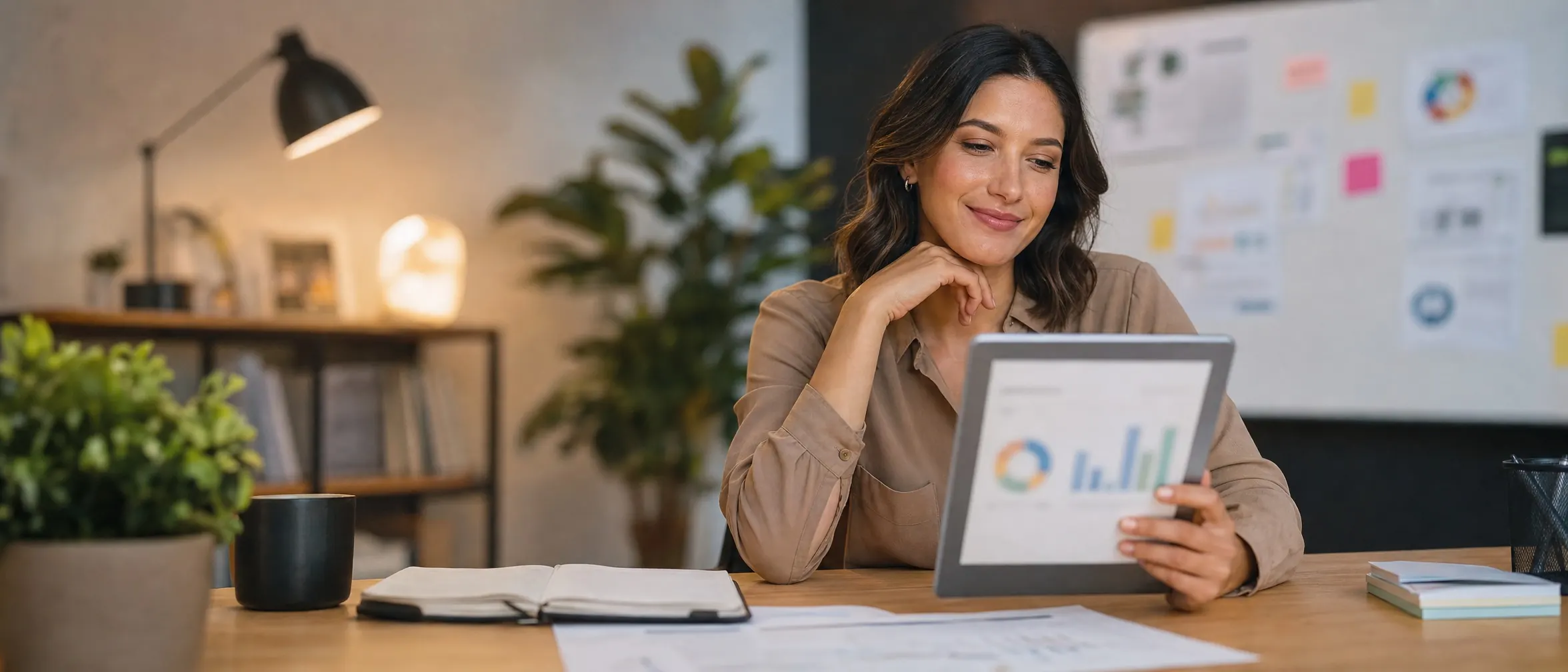 Marketer at a desk reviewing a tablet showing a results chart