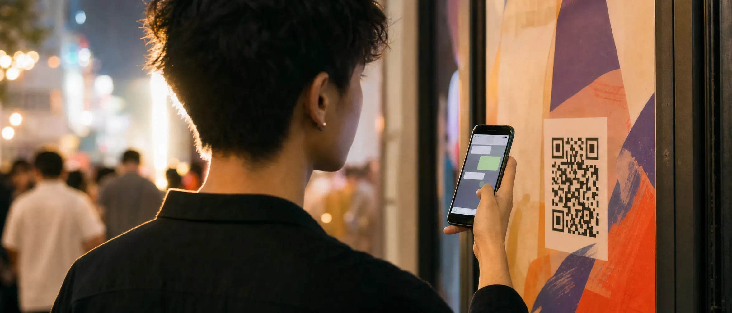 Young person scanning a QR code on a poster with a messaging app open on their phone