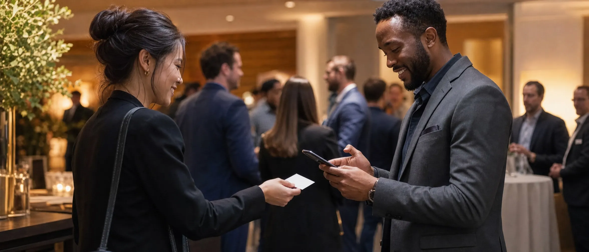 Two professionals at a networking event, one scanning the other's card with their phone