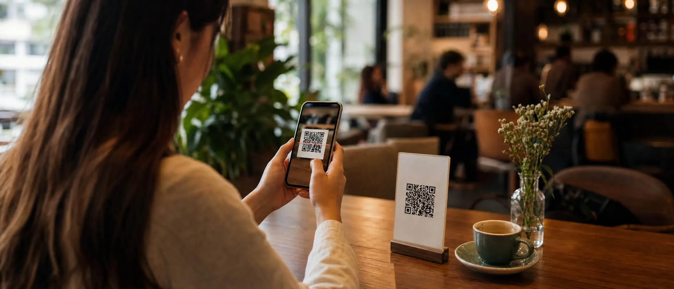 Cafe customer scanning a WiFi QR code table stand with their phone