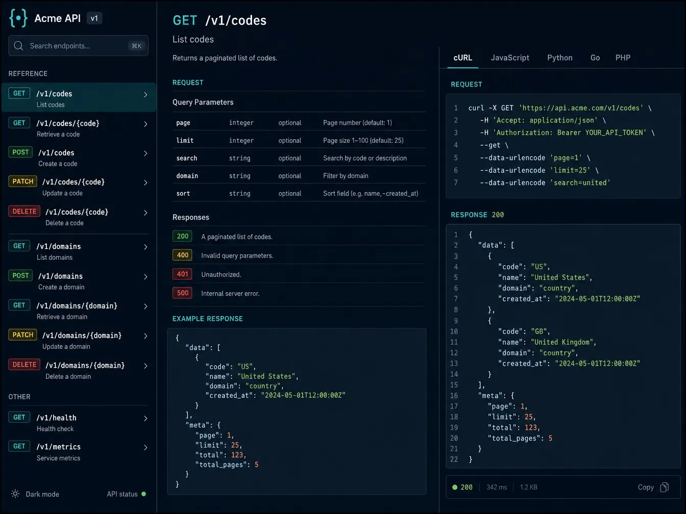 API reference documentation showing endpoint list and code sample panel