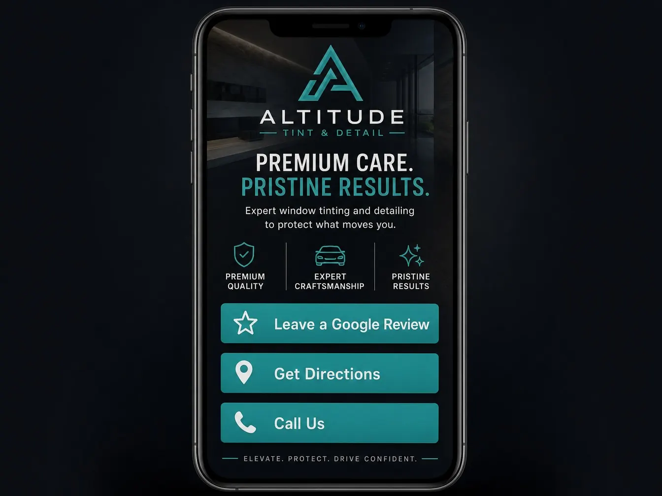 Branded landing page with buttons for leaving a review, getting directions, and calling
