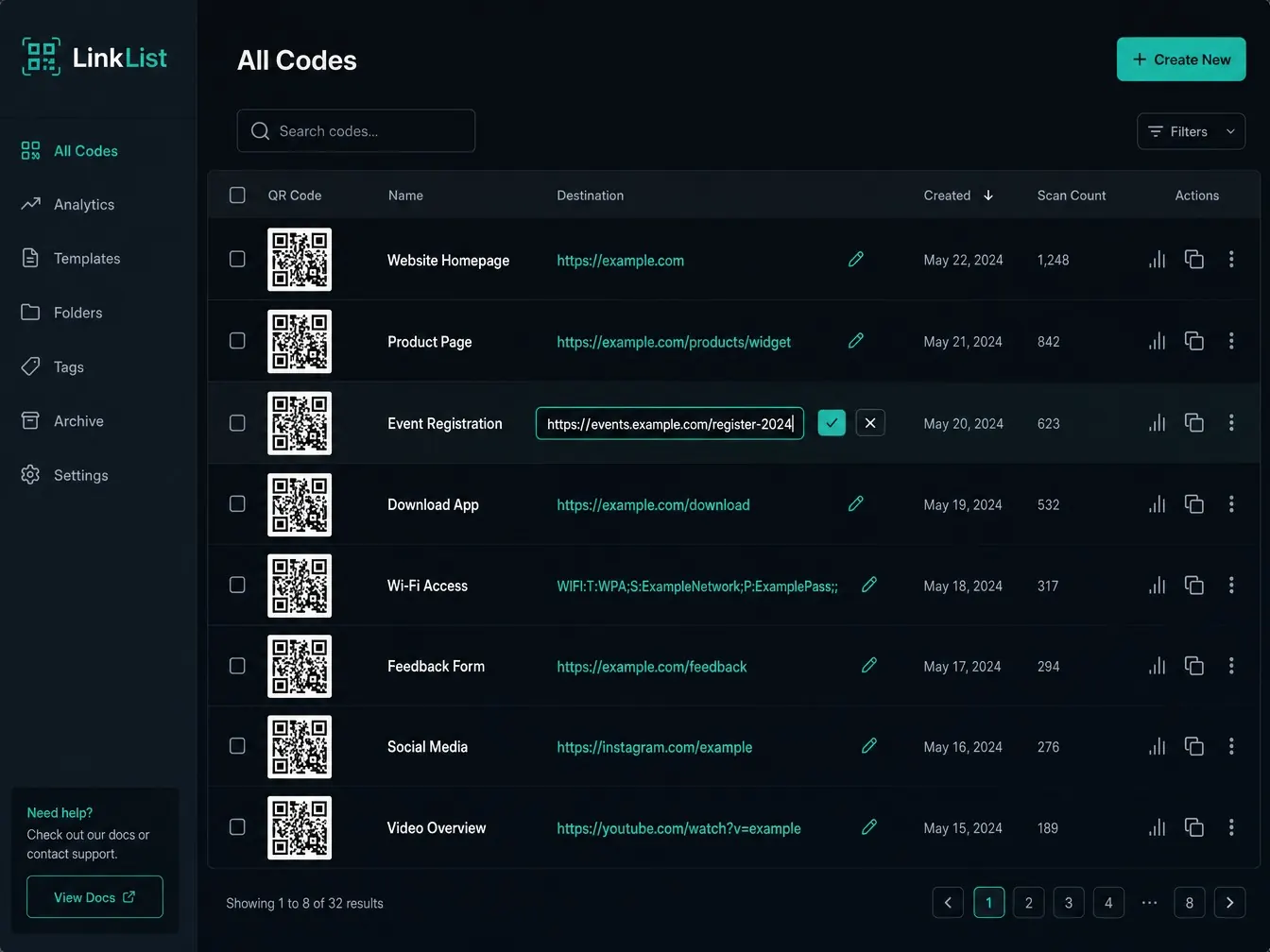 Dashboard code list showing a destination URL being edited inline