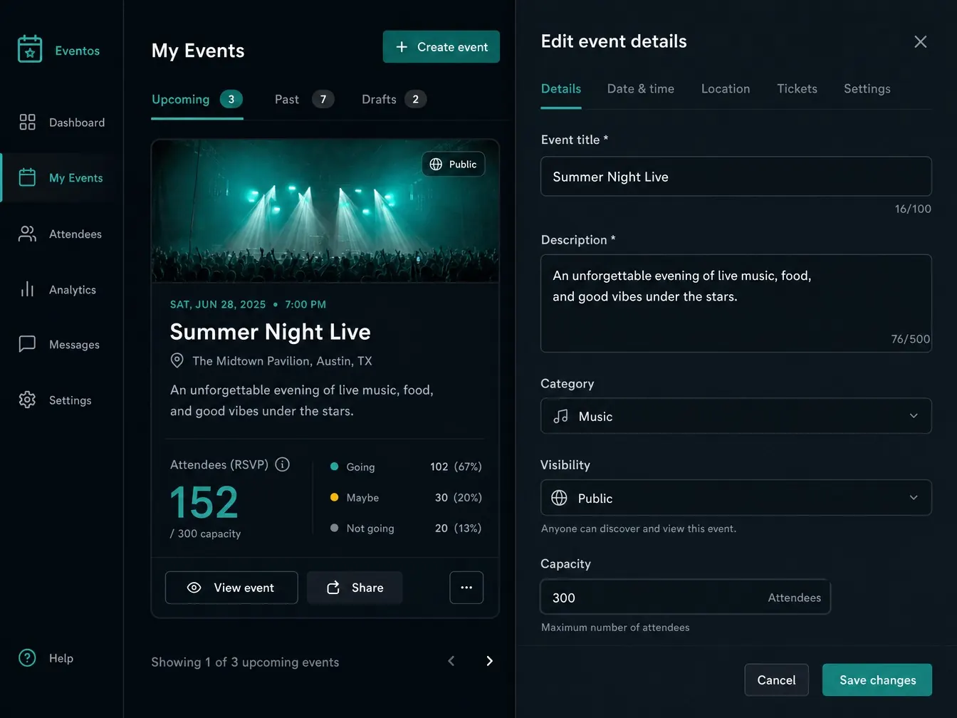 Event dashboard showing RSVP count and an edit event details panel