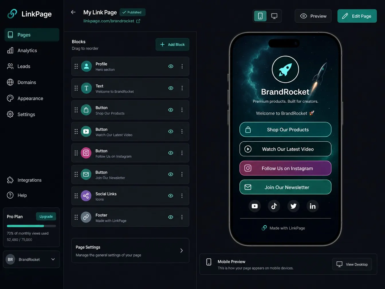 Link page builder dashboard with block list and live mobile preview
