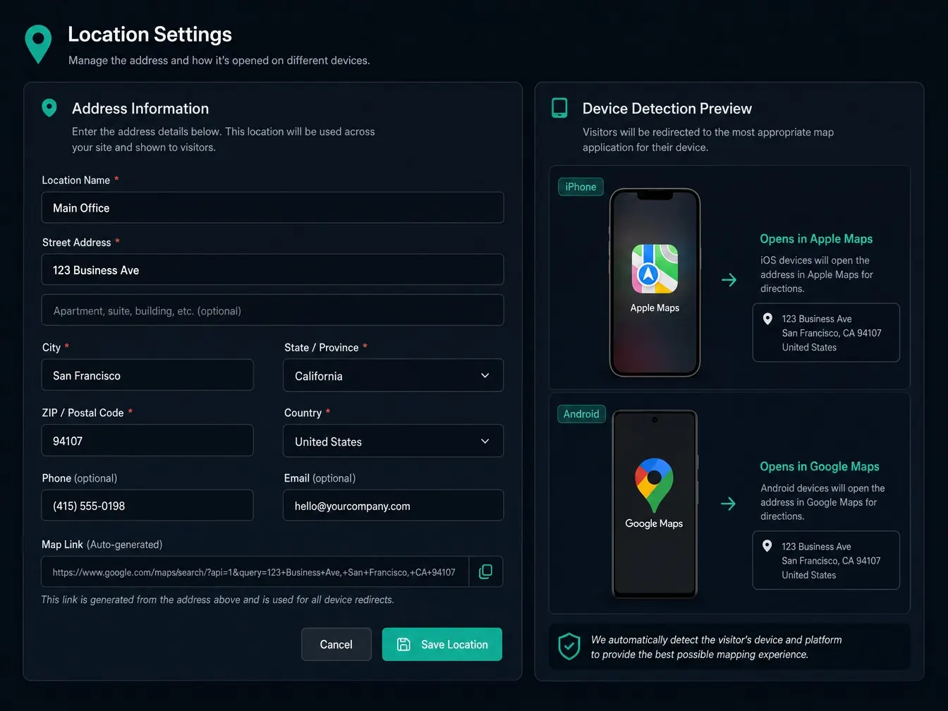 Location settings dashboard with device detection preview showing Apple Maps and Google Maps routing