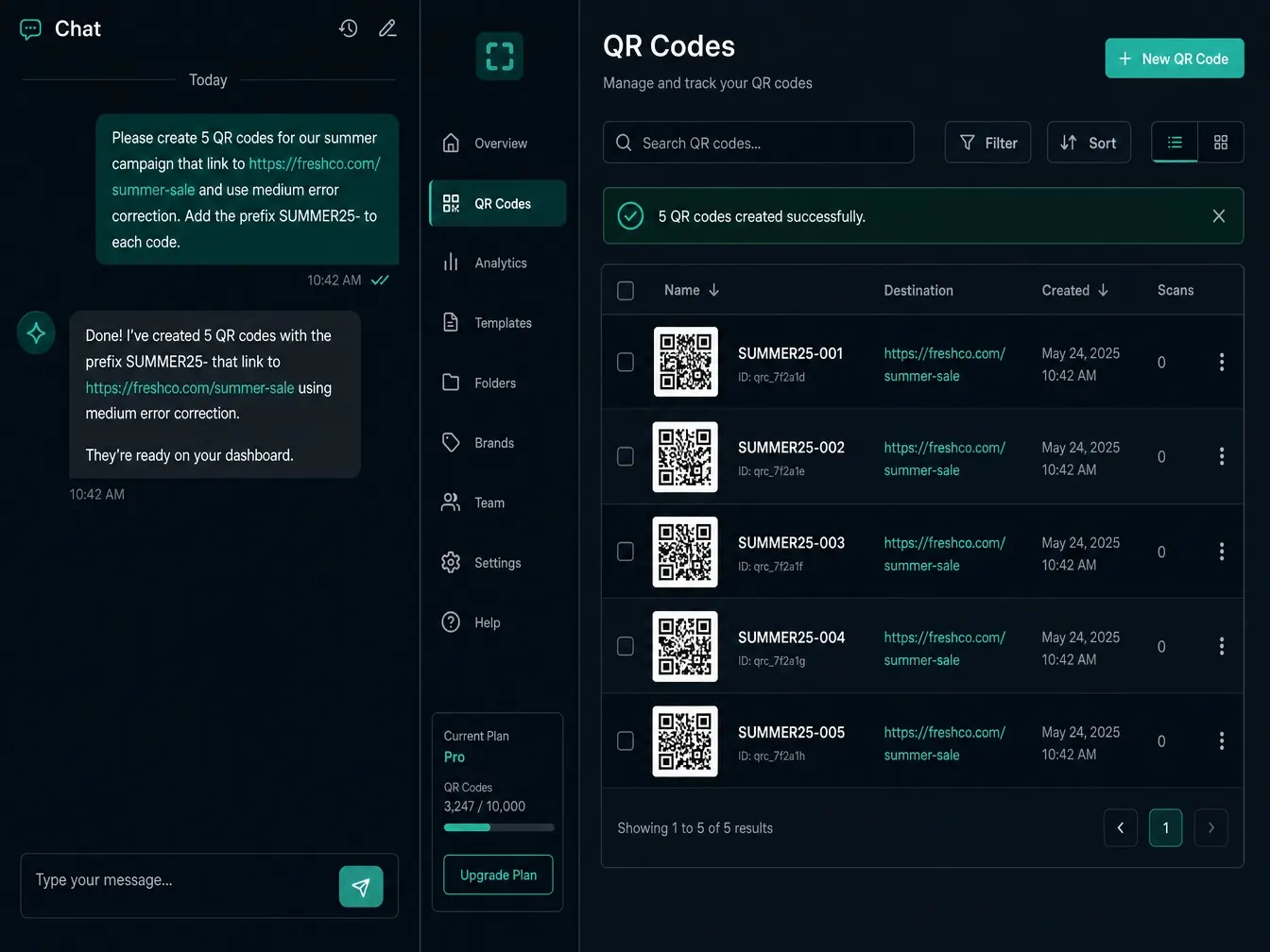 AI assistant chat window with a QR Hero MCP tool call and confirmation preview