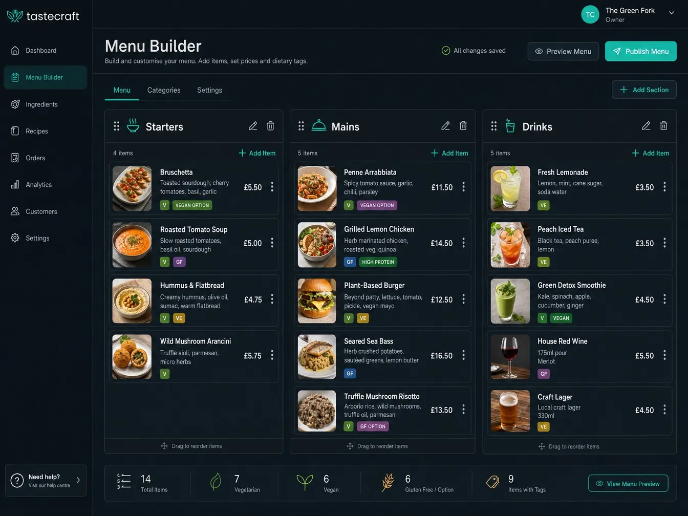 Menu-builder dashboard showing sections, items, prices, and dietary tags
