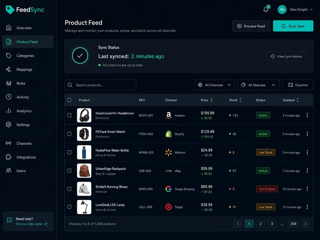 Product feed dashboard showing last synced time and live price and stock columns