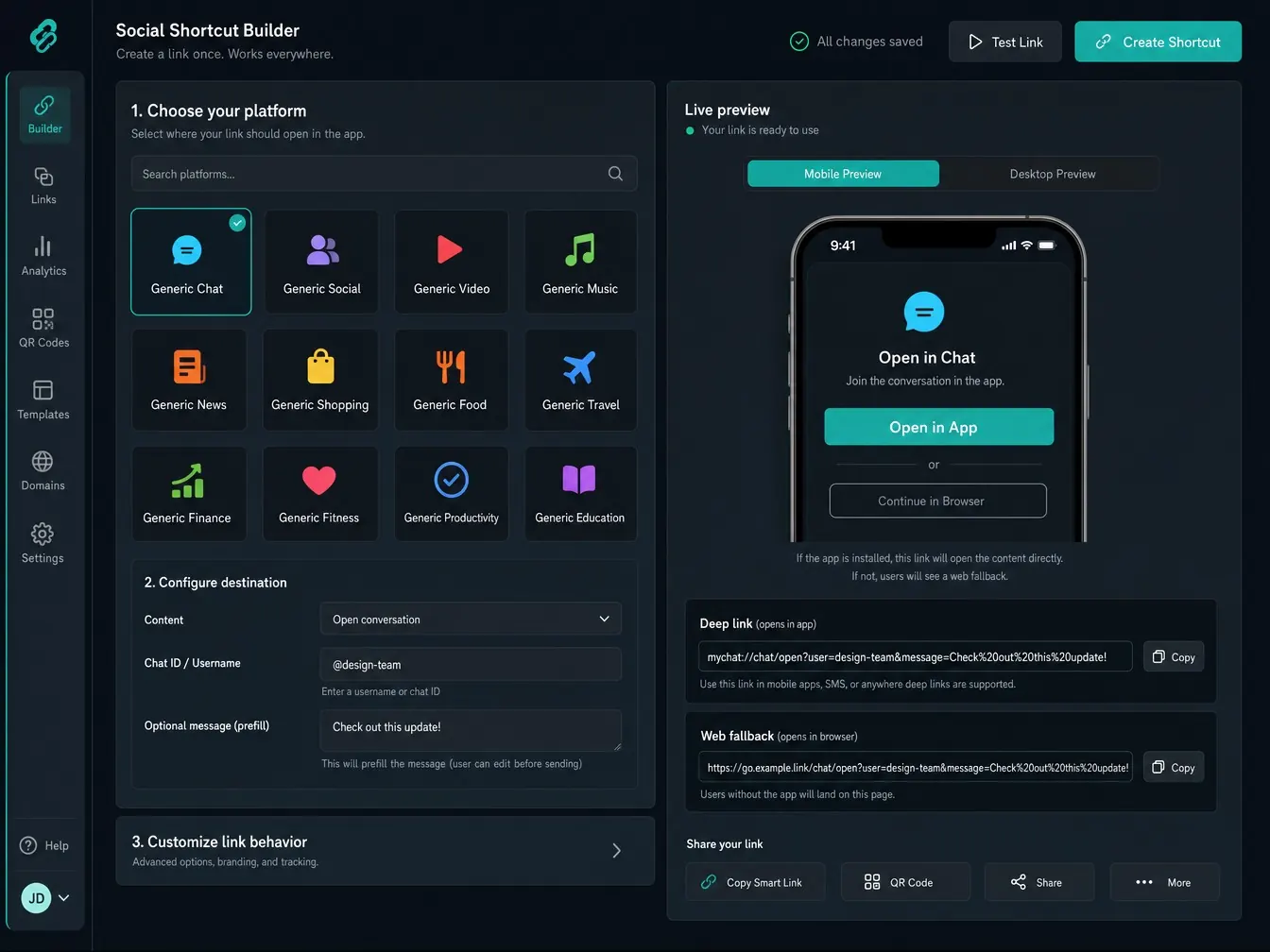 Social shortcut builder dashboard showing a platform selector and a live deep-link preview