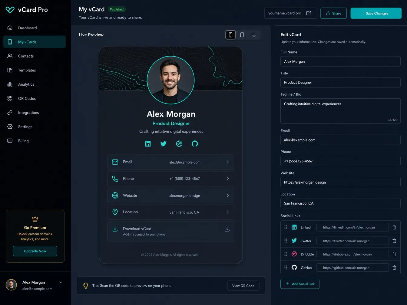 vCard dashboard showing a contact-page live preview alongside an edit panel