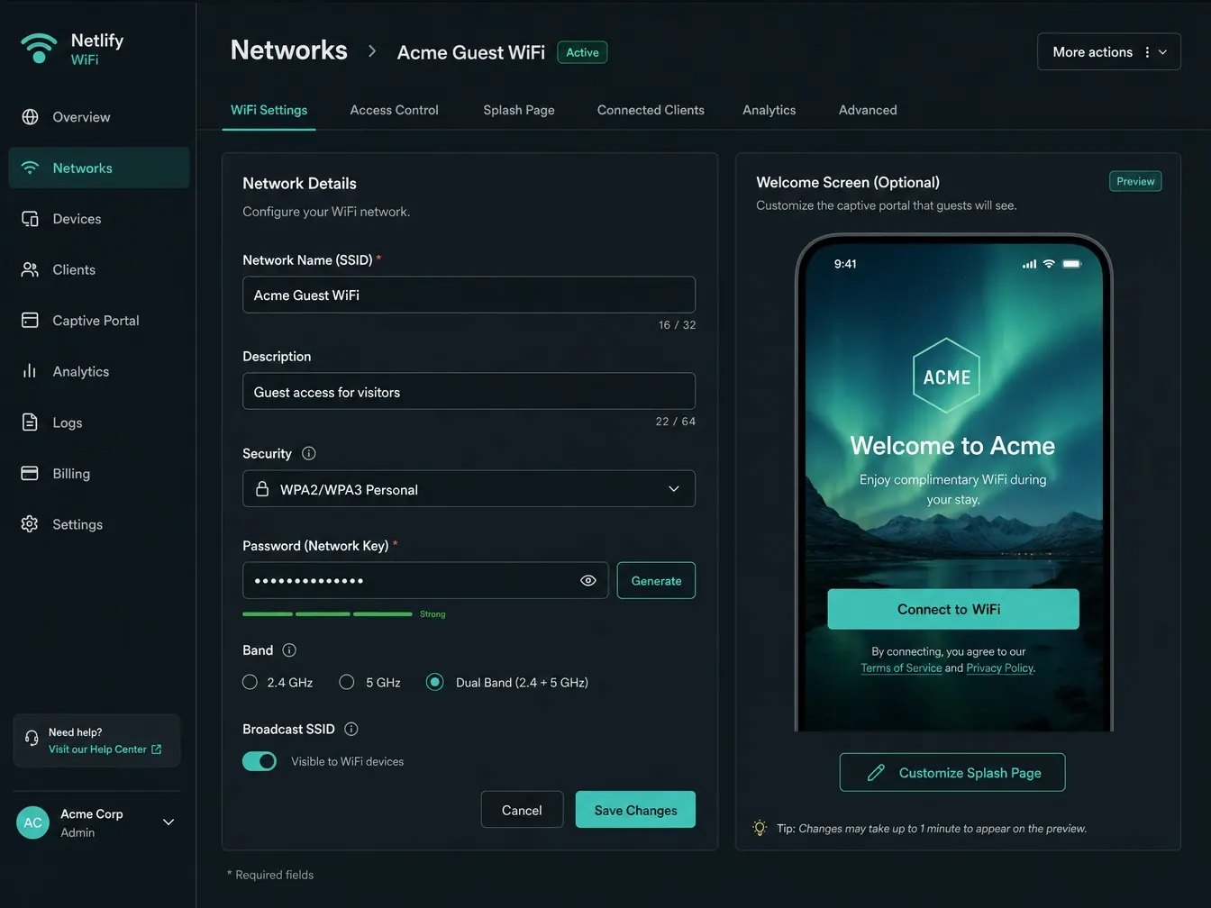 WiFi settings dashboard showing the network form and a branded welcome-screen preview